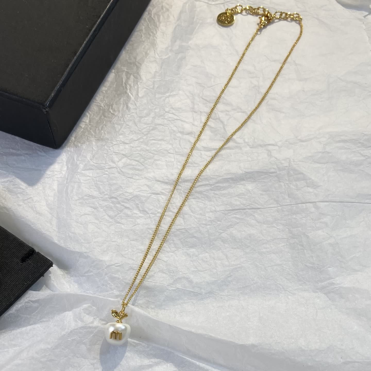 Miu Miu Gold Apple Pearl Pendant Necklace